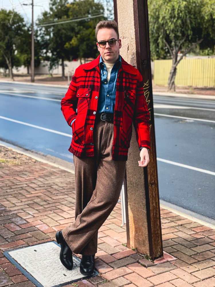 1940s buffalo plaid lumber jacket style Polo Ralph Lauren tweed pants and cowboy boots